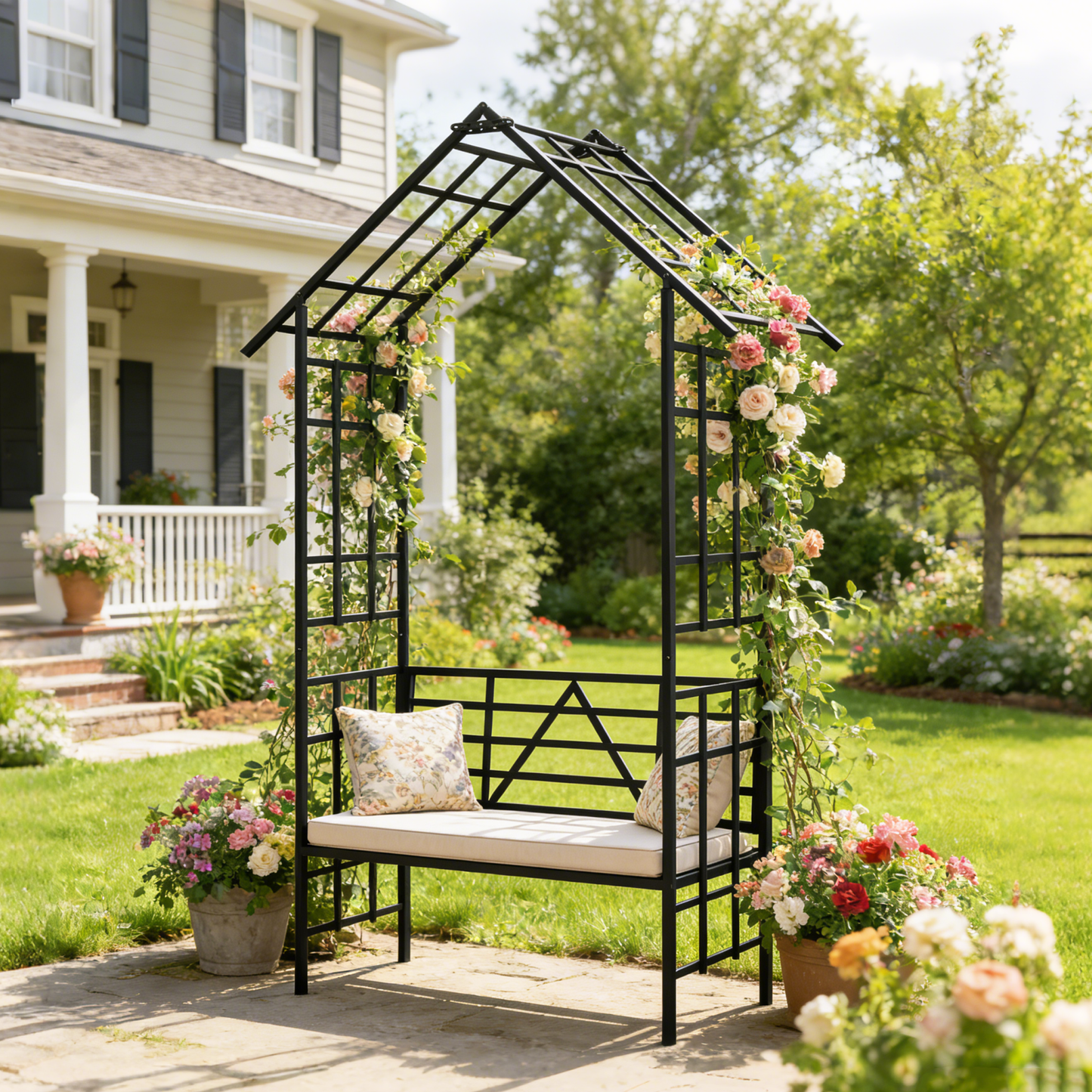 Metal Garden Arch with Bench Turned into Flower Stand W58.07*H97.24 Climbing Plants Support Rose Arch Outdoor Black image 4