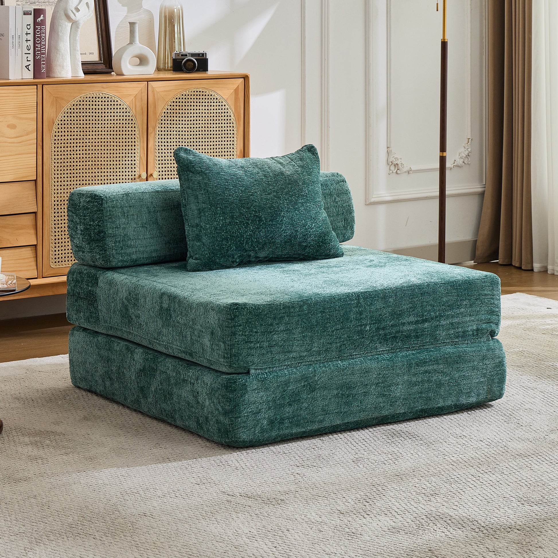 Compression Sofa,Convertible Floor Sofa Bed with Fixed-Shape Frame,Single Seater Boneless Modular Sectional Sofa,No Assembly Required,Chenille fabric,for Living Room Bedroom,Dark Green image 1