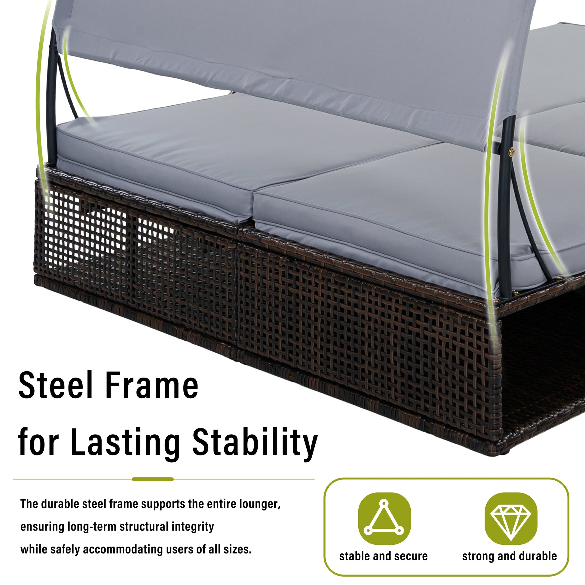 U_STYLE Outdoor Steel Frame Sun Lounger with Adjustable Backrest,Patio Double Sunbed with Hidden Side Table and Arched Armrests,Suitable for Patio Pool Deck,Garden,Backyard image 7