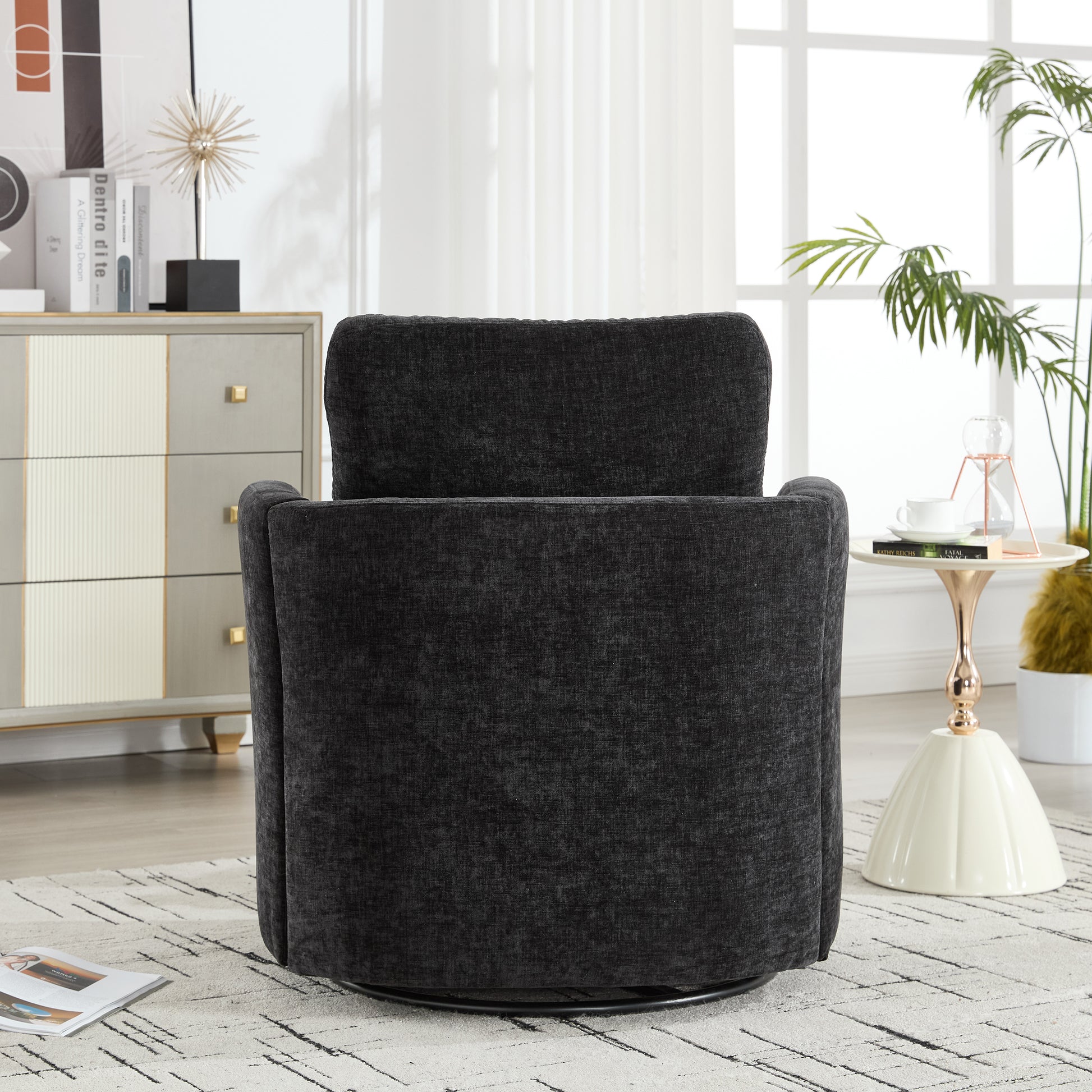 Vanity Chair,Swivel Accent Chair, 360 Degree Round Swivel Barrel Chair, Upholstered Comfy Swivel Chairs for Living Room,Accent Chairs for Bedroom, Reading Room,Powder Room,Black image 7