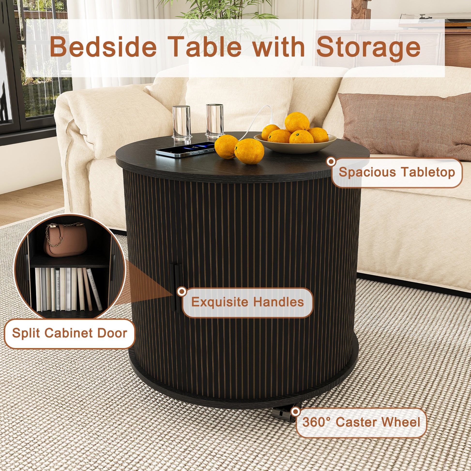 Set of 2 Mid Century Modern Cylinder End Table with Built-in Charging Station & Sliding Door, 2-Tier Storage Round Nightstand with USB Ports, Bedside Table for Living Room, Bedroom, Entryway-Black image 5