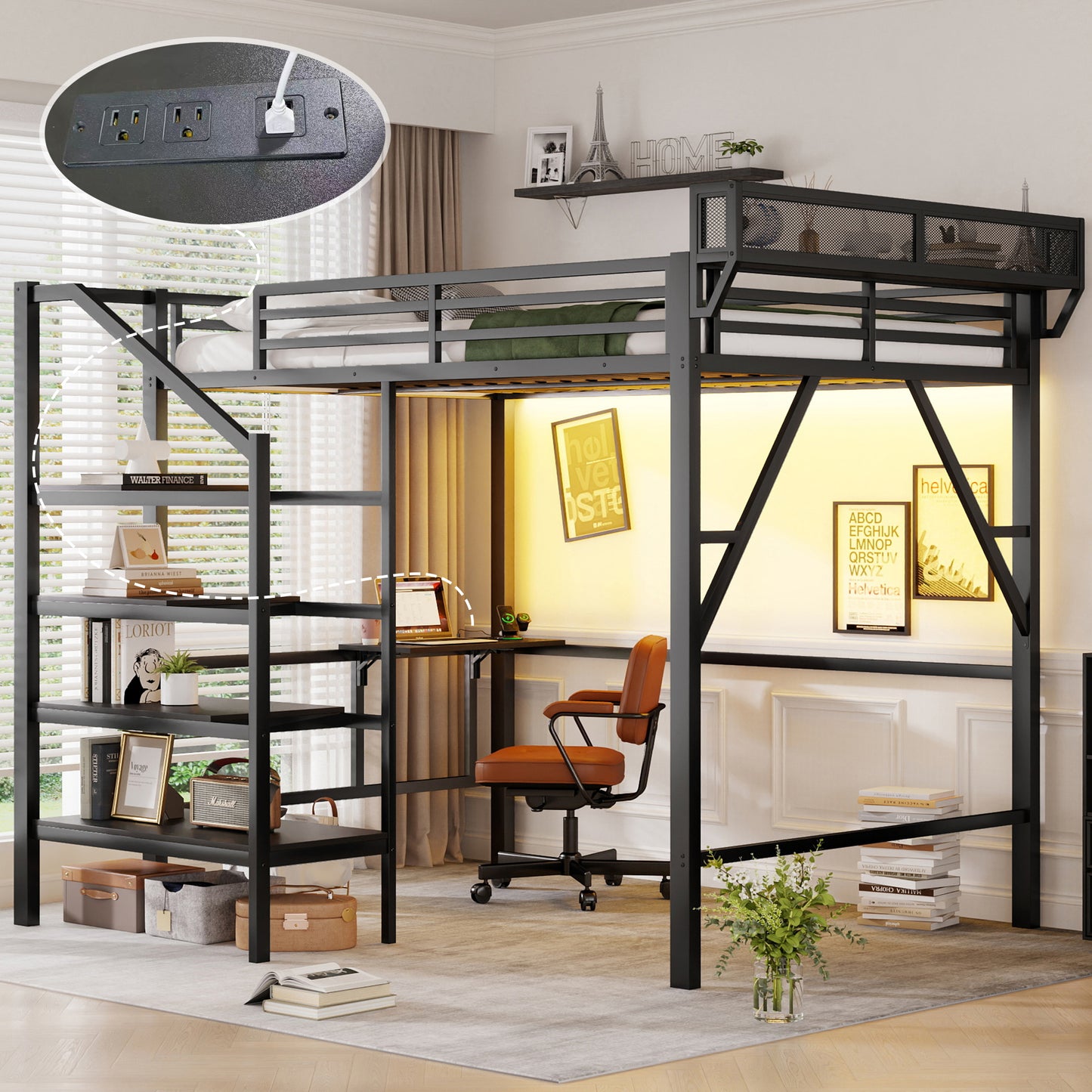 Queen Size Loft Bed with Foldable Desk and Charging Station,Metal Queen Loft Bed with Light Strip and Staircase Storage for Kids Teens Adults, Patent Products,Black(Expect Arrival Date 2026/4/10) image 8