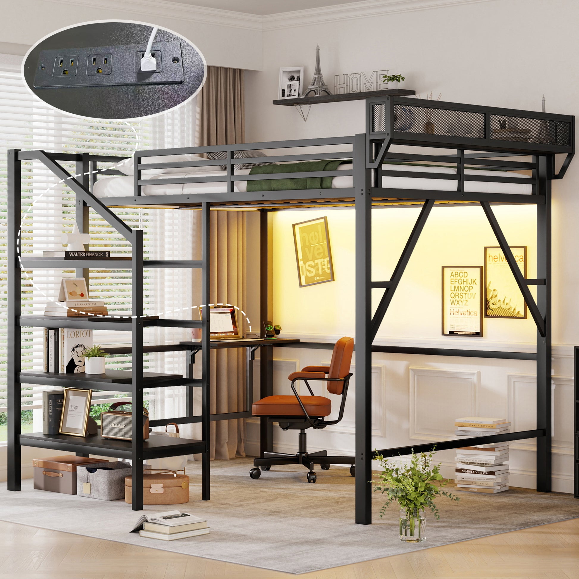 Queen Size Loft Bed with Foldable Desk and Charging Station,Metal Queen Loft Bed with Light Strip and Staircase Storage for Kids Teens Adults, Patent Products,Black(Expect Arrival Date 2026/4/10) image 8