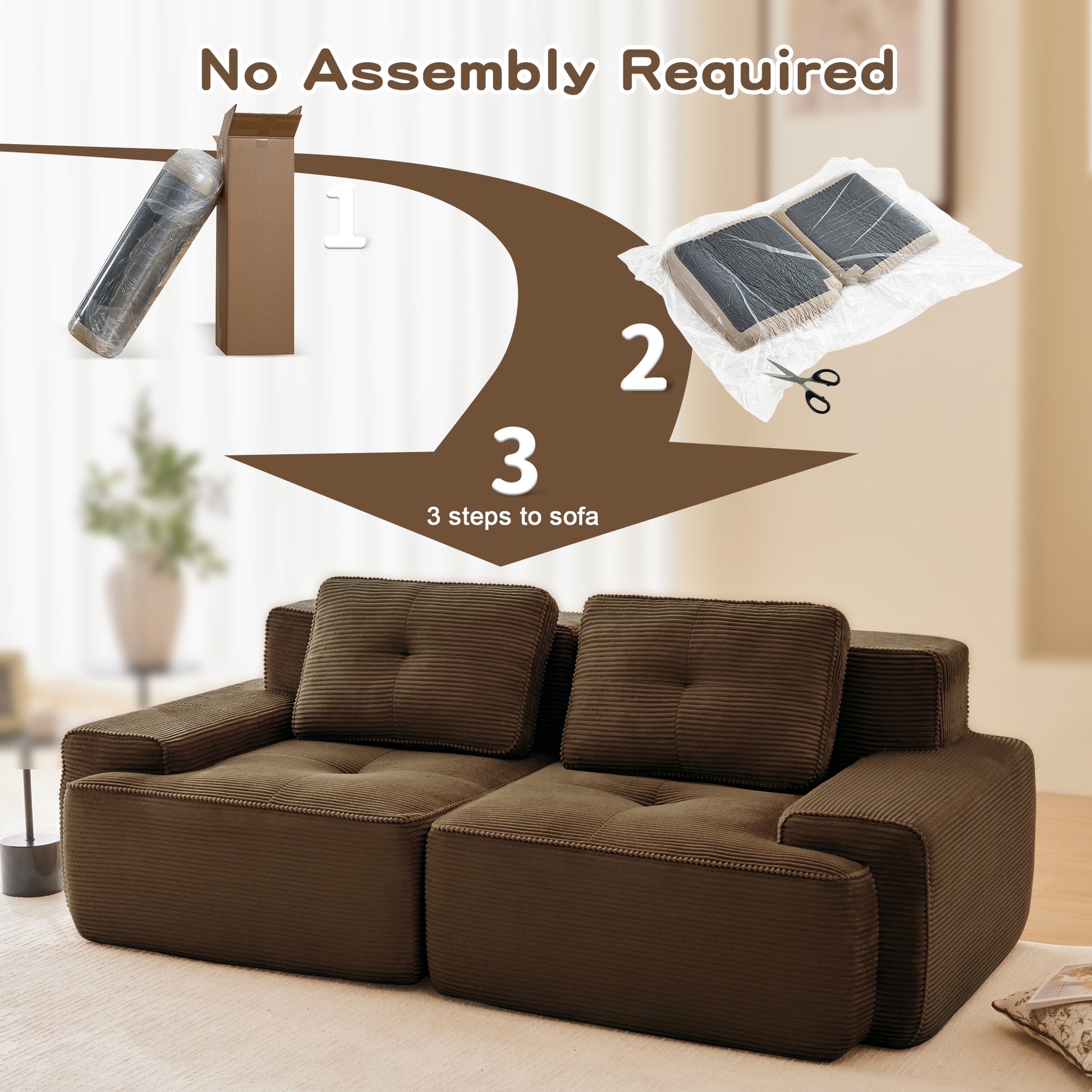 82" Modern L-Shaped Modular Sectional Sofa for Living Room, Corduroy Fabric, 2-Seater Couch with Deep Seat, Pearl-like piping, Tufted Design, No Assembly, Anti-slip Design​, Brown image 5