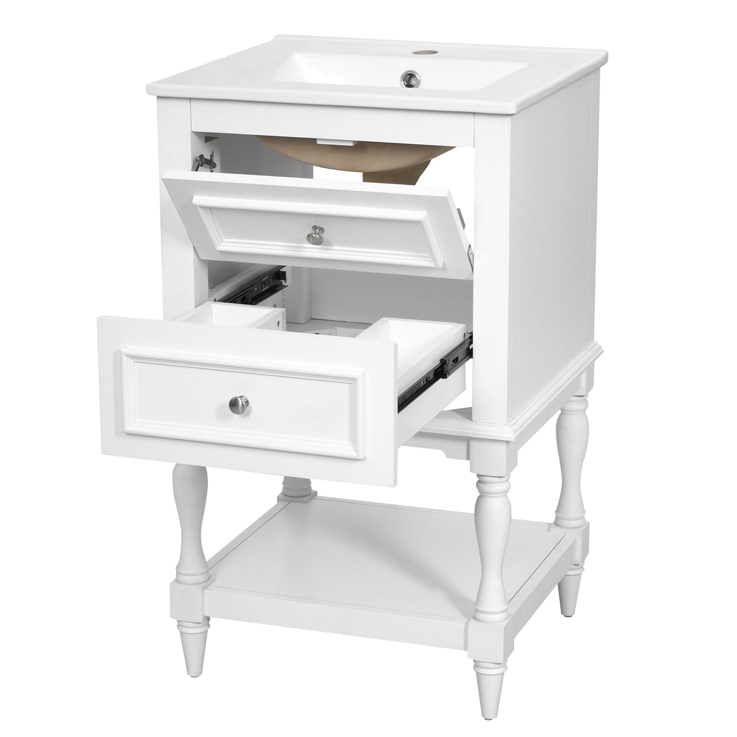 20'' Bathroom Vanity with Ceramic Sink, Bathroom Storage Cabinet with Open Shelf, Retro Design Bathroom Cabinet with 2 Drawers image 12