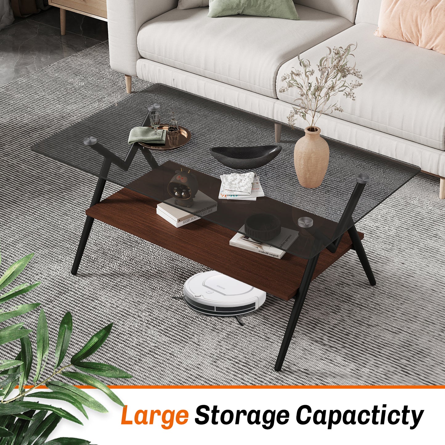 Rectangle Coffee Table with Tempered Glass top and Brown MDF Shelf, Modern Table for Living Room, Gray Glass image 3