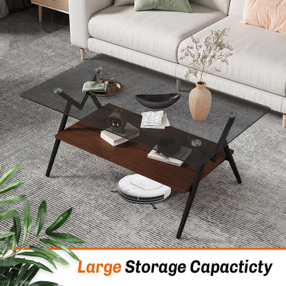 Rectangle Coffee Table with Tempered Glass top and Brown MDF Shelf, Modern Table for Living Room, Gray Glass image 3