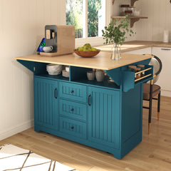 K&K 55.7'' Large Kitchen Island with 2 Drop Leaf,, Rolling Kitchen Cart on 5 Wheels with Power Outlet, Folding Storage Dining Table with Spice & Towel Rack , 3 Drawers, for Kitchen, Dining Room,White