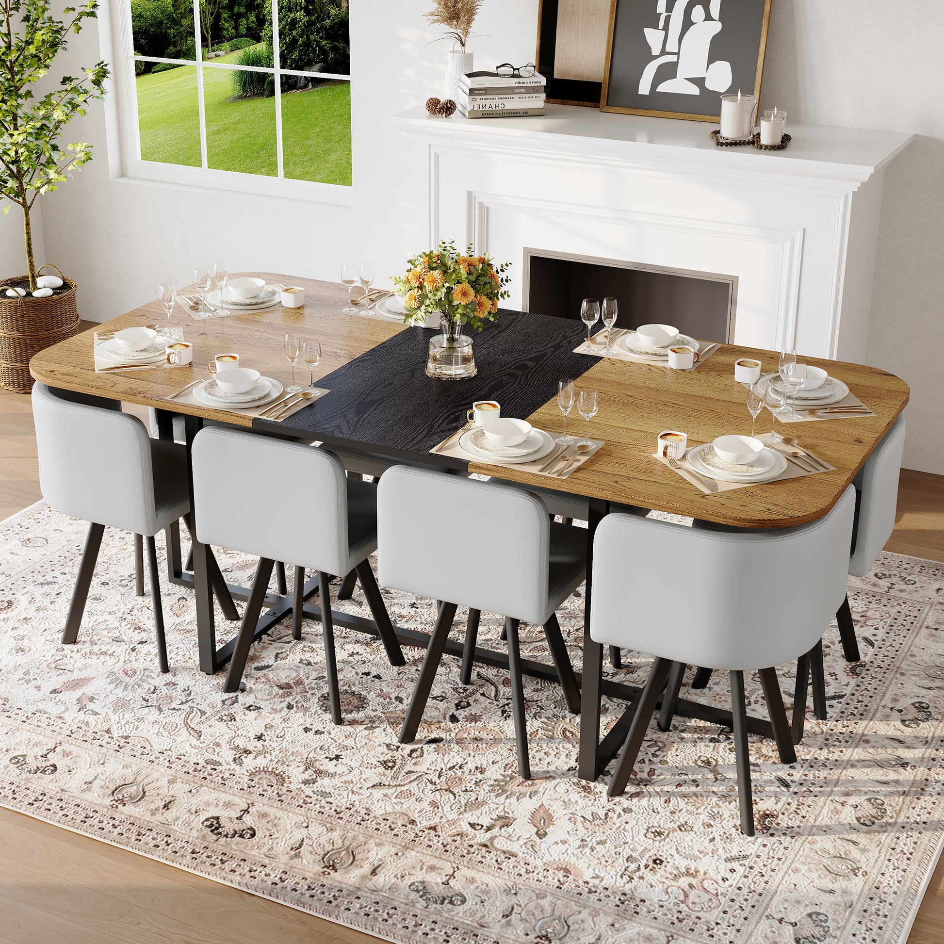 9-Piece Square Dining Table Set, Fixed Two-Tone Wood Grain & Black Wood Grain Triamine Tabletop with 8 Gray PU Leather Chairs, Modern Kitchen Table Set for 8 People, Ideal for Family Gatherings image 2