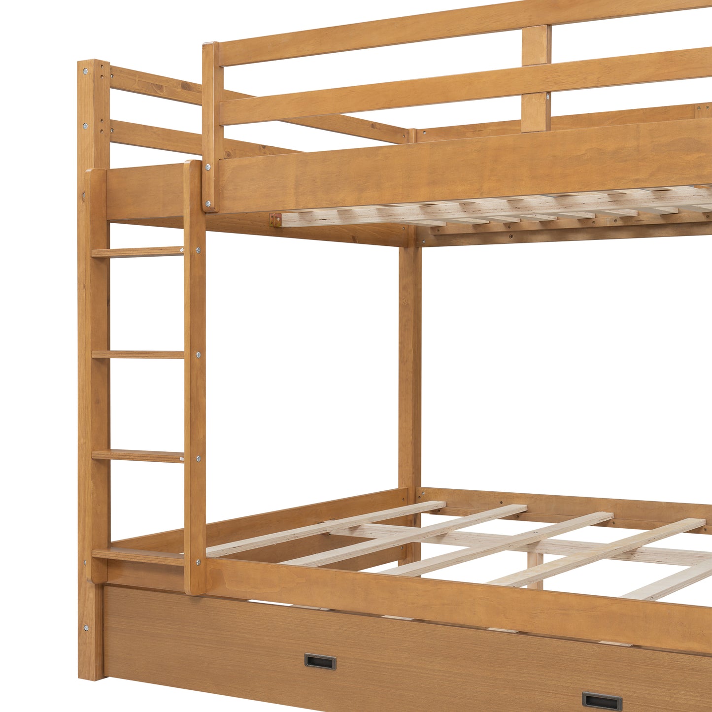 Wood Queen Size Bunk Bed with Ladder and Trundle, Wood Color image 11