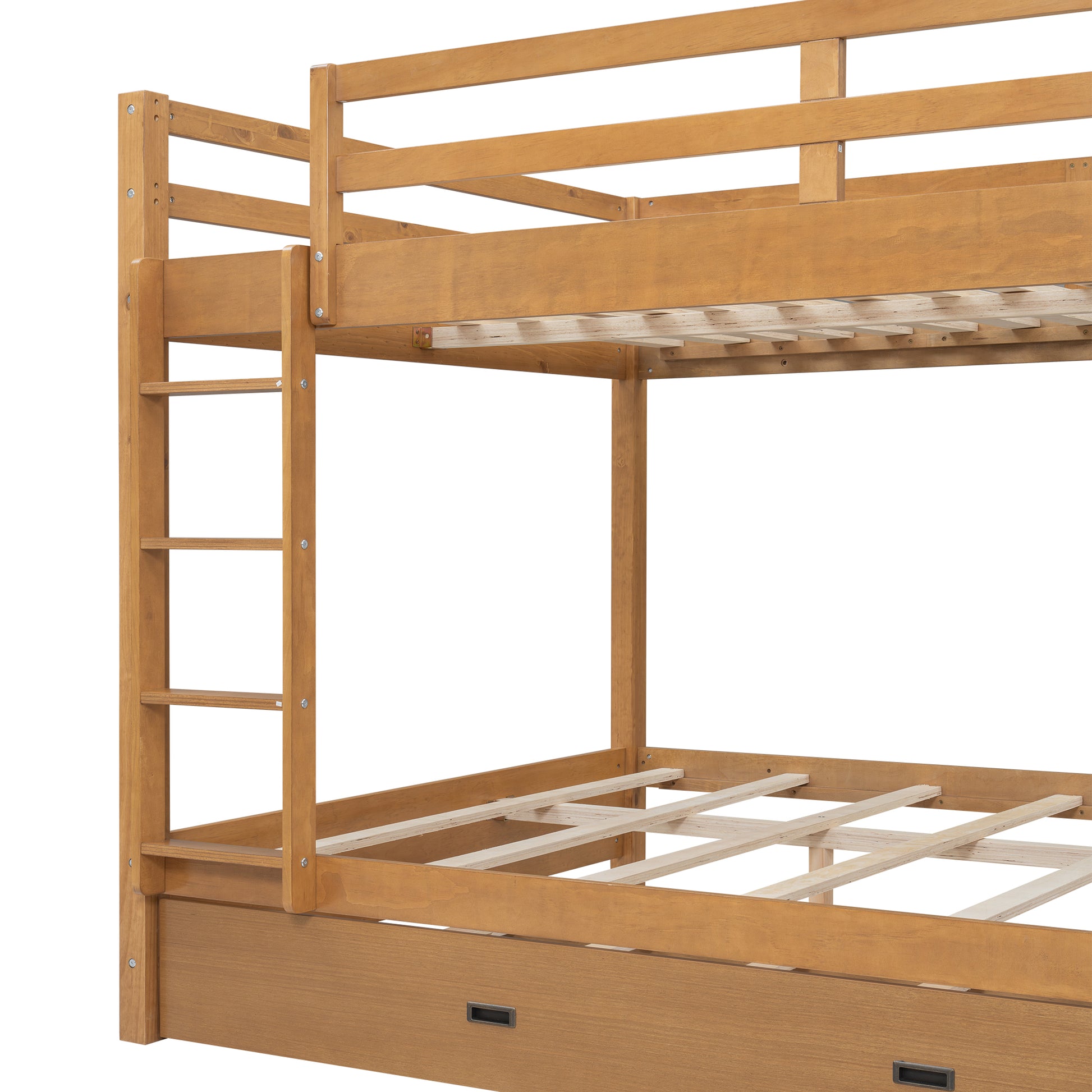 Wood Queen Size Bunk Bed with Ladder and Trundle, Wood Color image 11