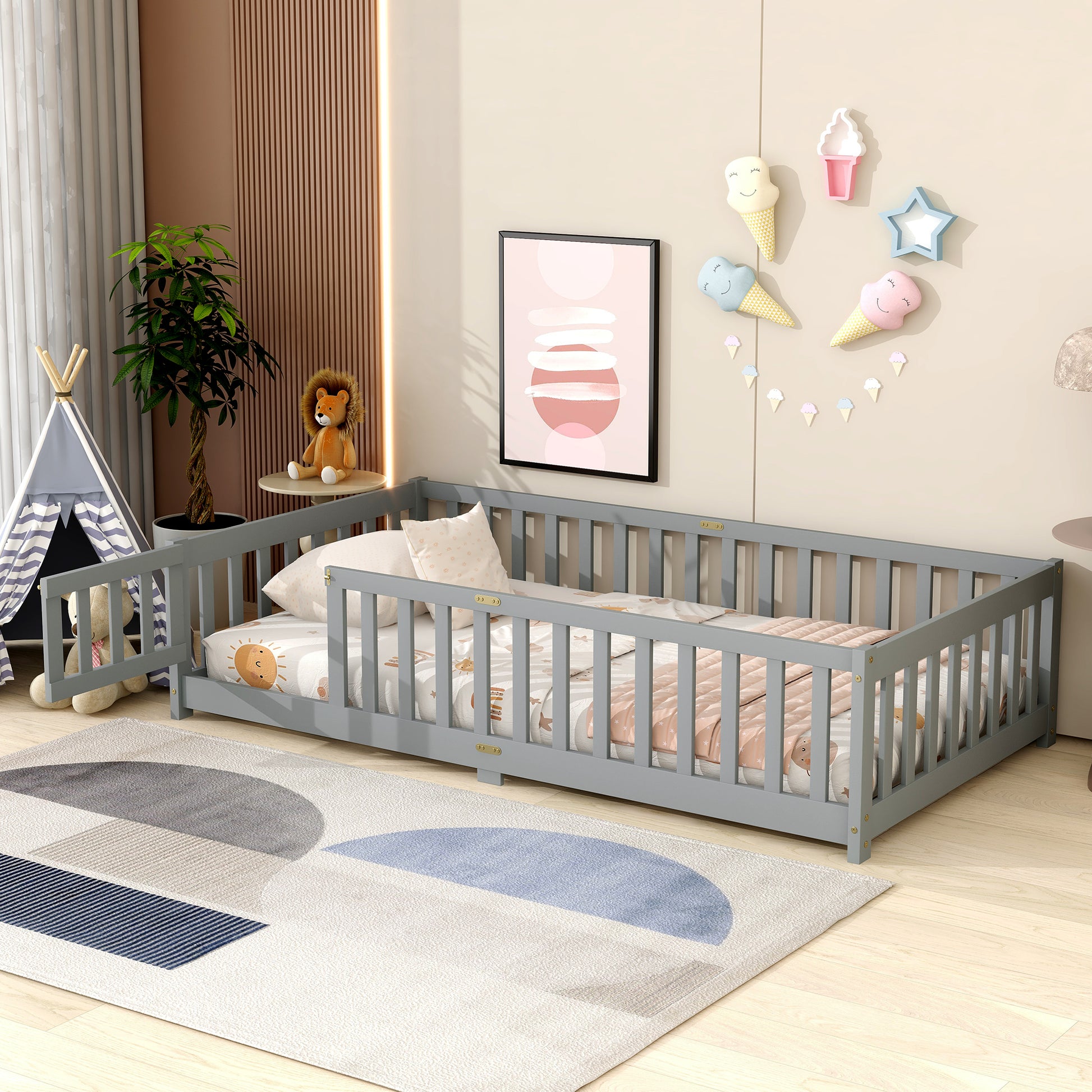 Twin Size Floor Bed with Fence and Door,Rubber Wood Floor Bed with Safety Guardrails,Grey (Old Sku W504P286372) image 8