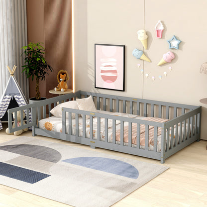 Twin Size Floor Bed with Fence and Door,Rubber Wood Floor Bed with Safety Guardrails,Grey (Old Sku W504P286372) image 8