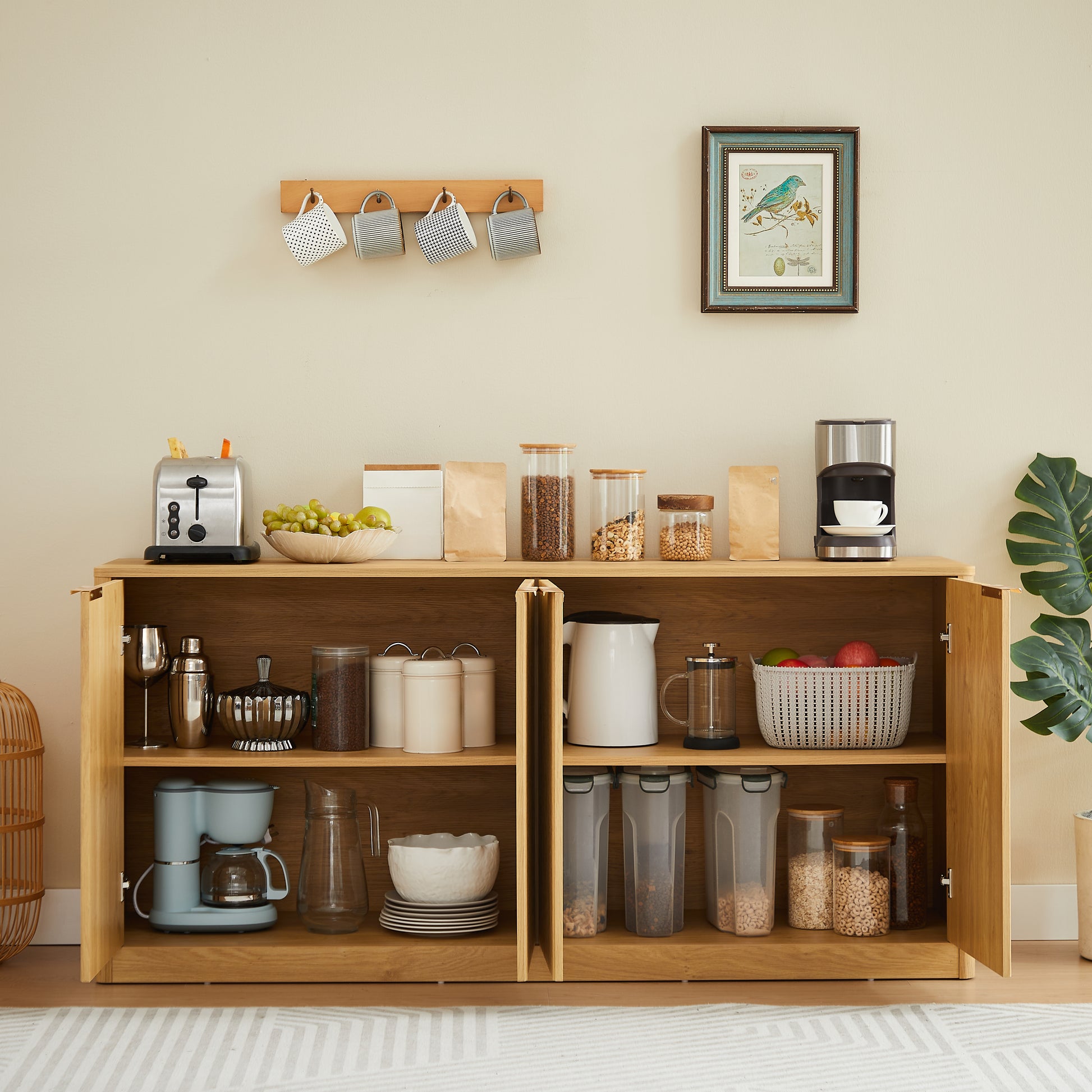 59-inch modern wavy sideboard, curved contour design storage cabinet, 4-door cabinet with storage function, suitable for kitchen/bedroom/living room, Natural, 59.0"L x 15.7"W x 27.7"H image 3