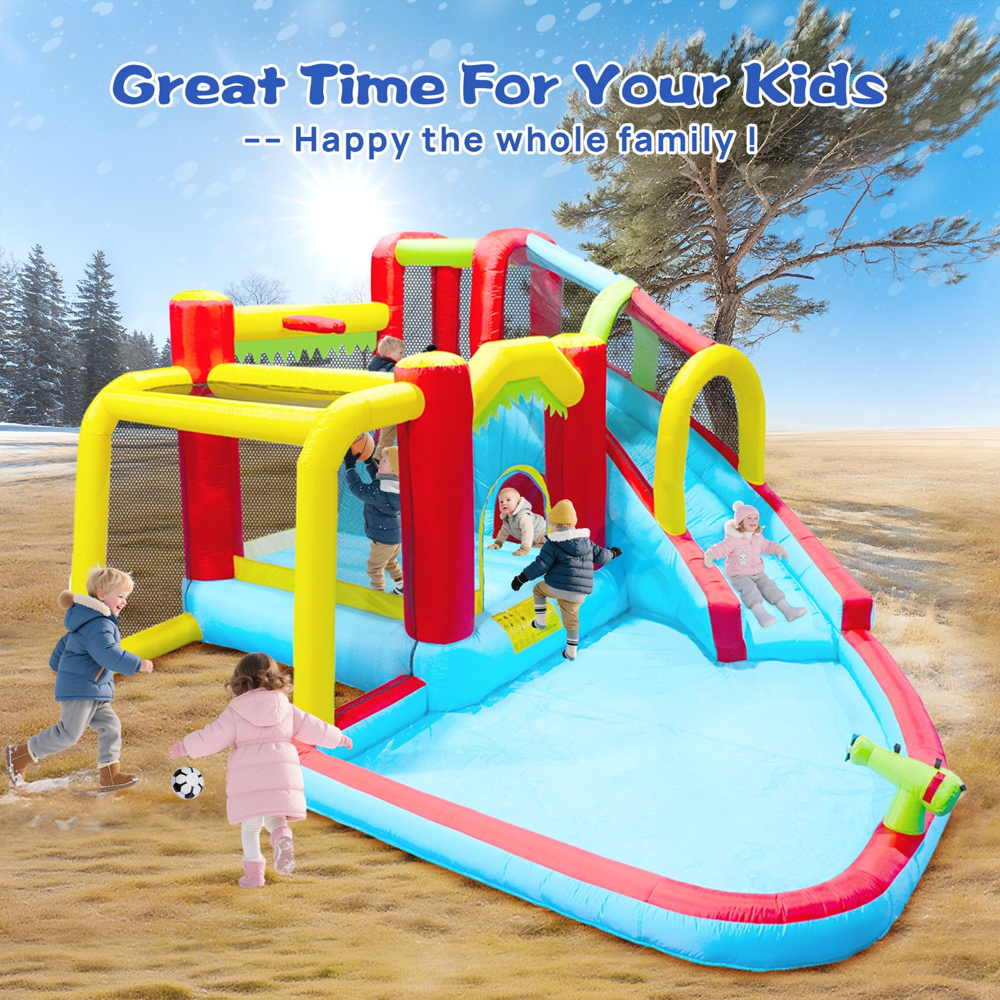 7 in1 Inflatable slide water park bouncing house outdoor Soccer garden bouncer with Splash pool & Water gun & Climbing wall & Basketball & Football image 7