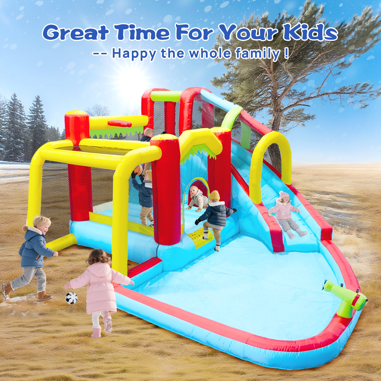 7 in1 Inflatable slide water park bouncing house outdoor Soccer garden bouncer with Splash pool & Water gun & Climbing wall & Basketball & Football image 7