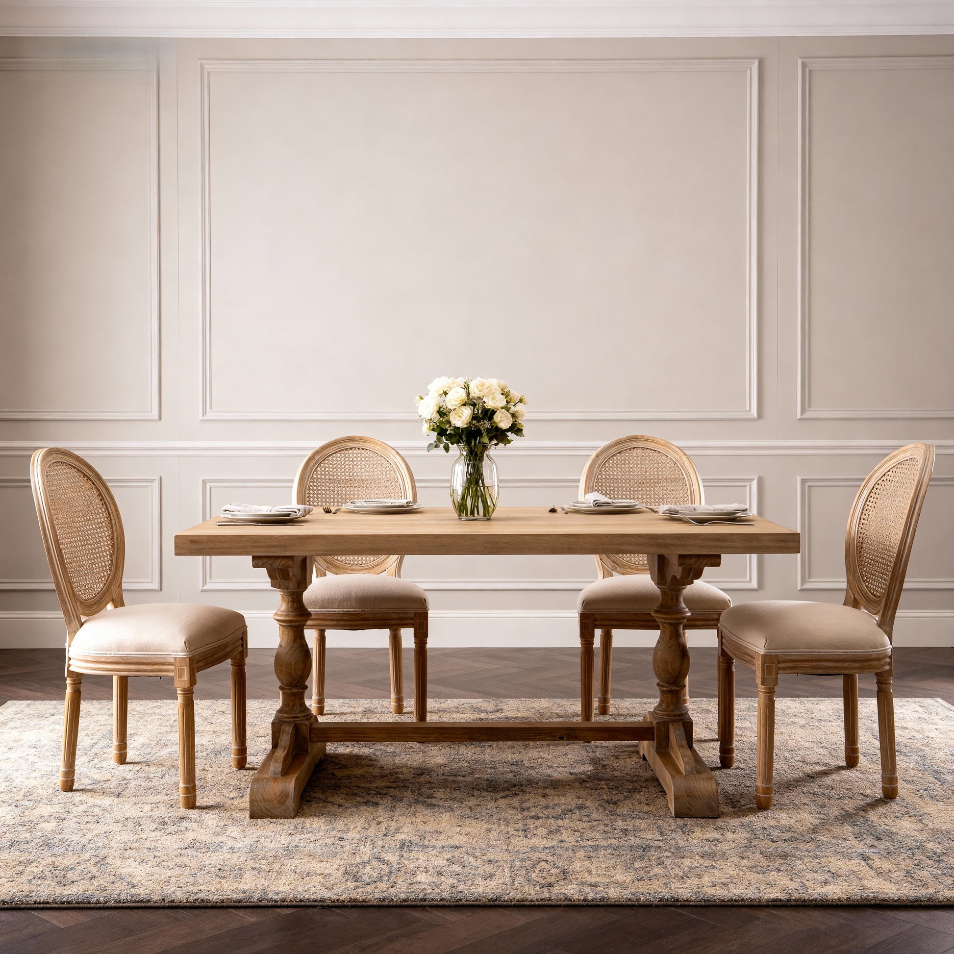 French Style Solid Wood Frame Linen Fabric Rattan Back Dining Chair,Set of 2, Beige image 1