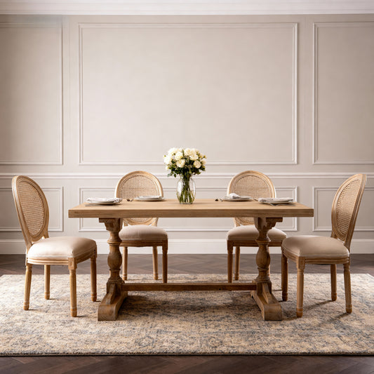 French Style Solid Wood Frame Linen Fabric Rattan Back Dining Chair,Set of 2, Beige image 1