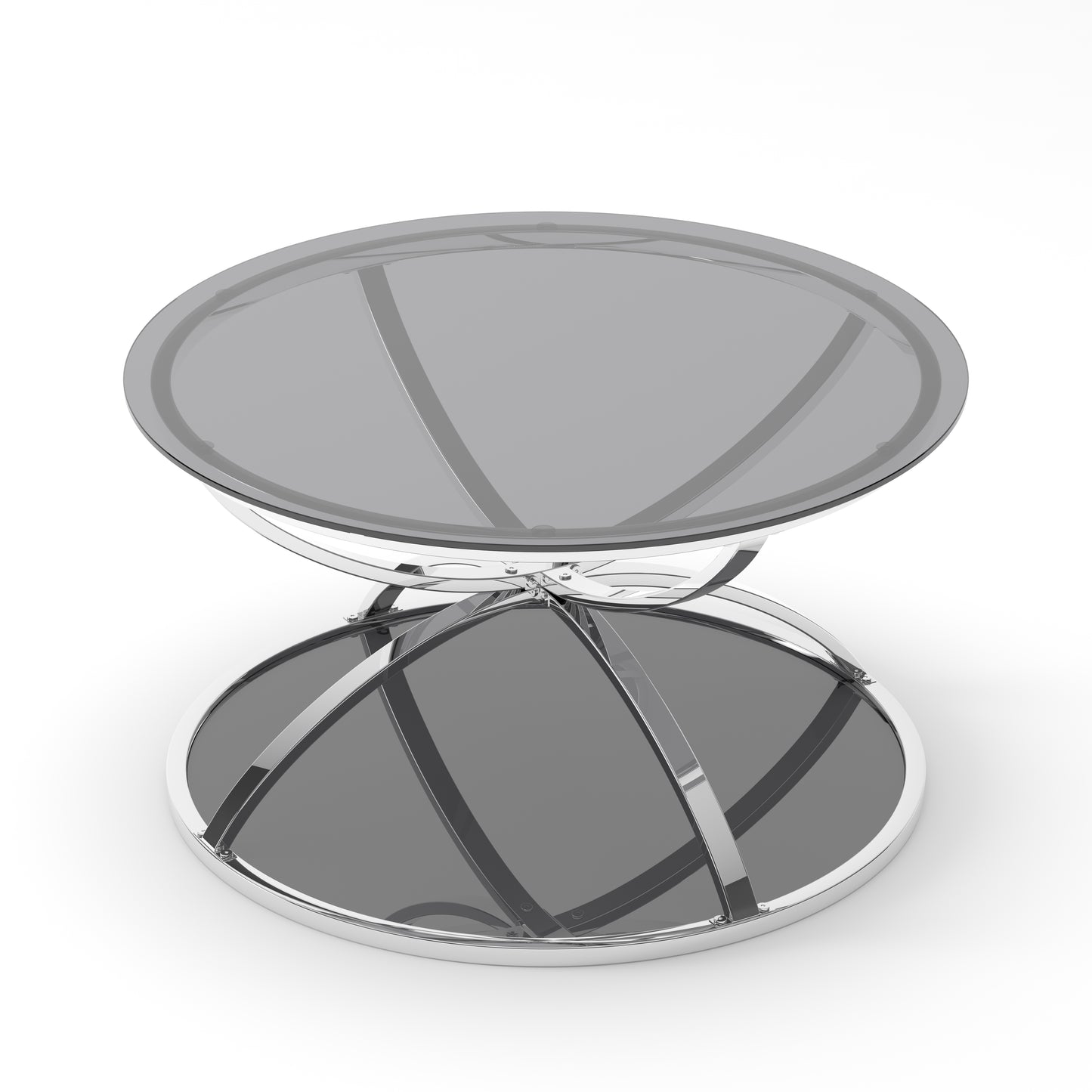31.50'' Modern Glass Coffee Table with 2 Tiers, Ring-Shaped Frames, Chrome Finish and Gray Tempered Glass, Round Coffee Table for Living Room, Bedroom and Office, Silver image 7