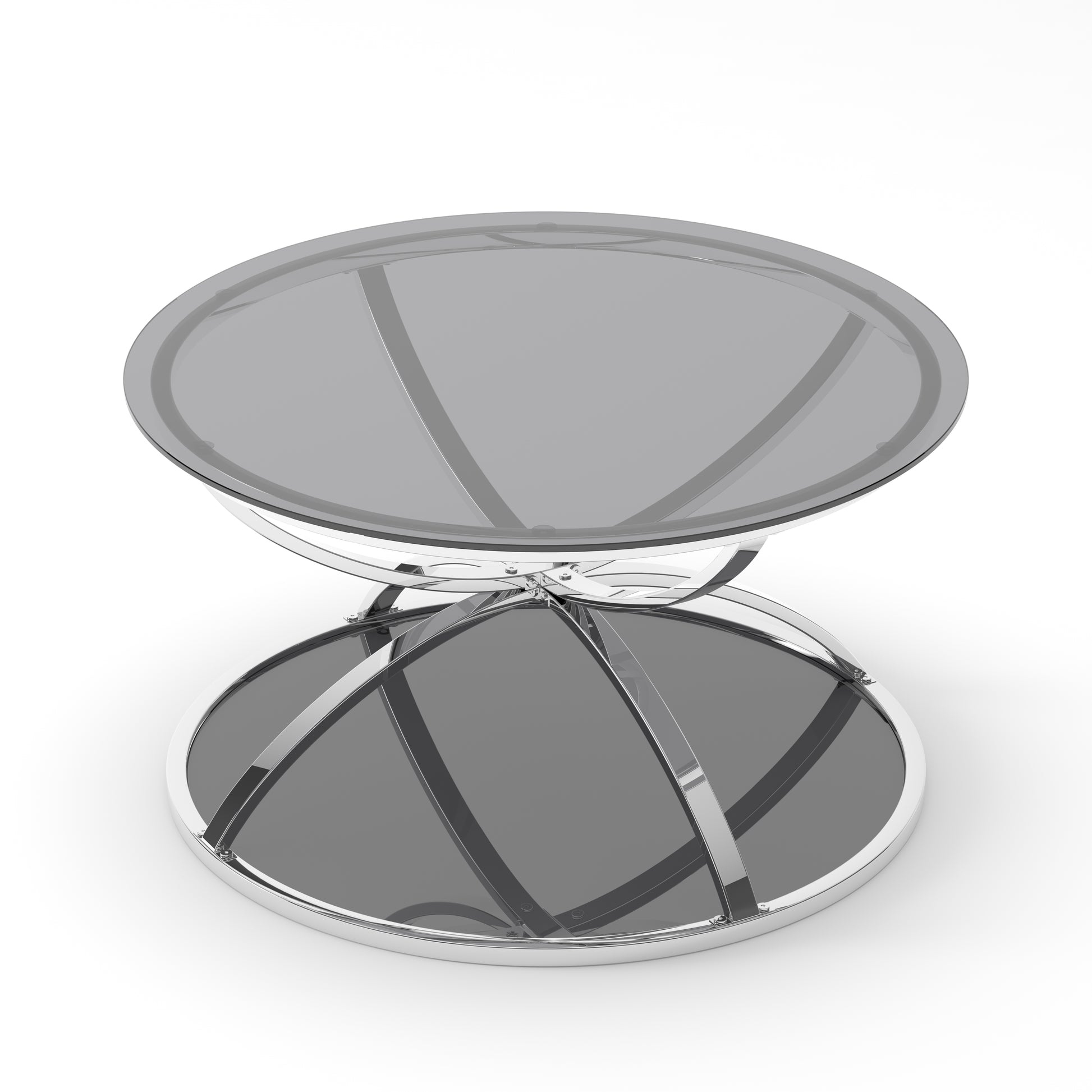 31.50'' Modern Glass Coffee Table with 2 Tiers, Ring-Shaped Frames, Chrome Finish and Gray Tempered Glass, Round Coffee Table for Living Room, Bedroom and Office, Silver image 7