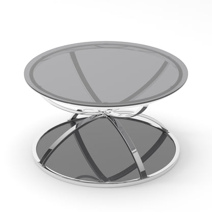 31.50'' Modern Glass Coffee Table with 2 Tiers, Ring-Shaped Frames, Chrome Finish and Gray Tempered Glass, Round Coffee Table for Living Room, Bedroom and Office, Silver image 7