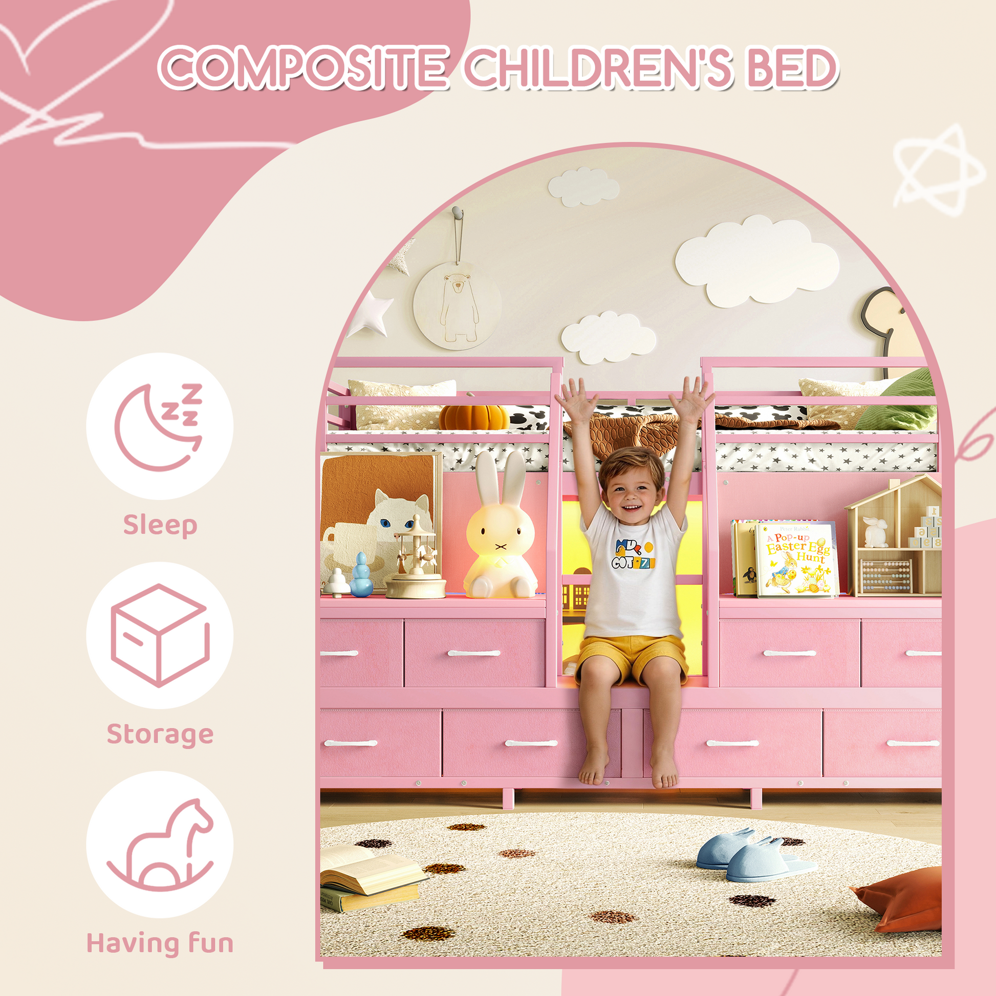 Twin Low Loft Bed with Multi-Storage Spaces, Including Fabric Drawers, Fabric Shelves Beside the Bed, Storage Stairs, Metal Loft Bed with Lights and Ample Under-bed Spaces, Pink image 7