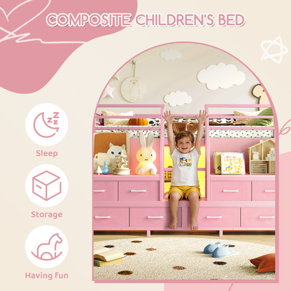 Twin Low Loft Bed with Multi-Storage Spaces, Including Fabric Drawers, Fabric Shelves Beside the Bed, Storage Stairs, Metal Loft Bed with Lights and Ample Under-bed Spaces, Pink image 7