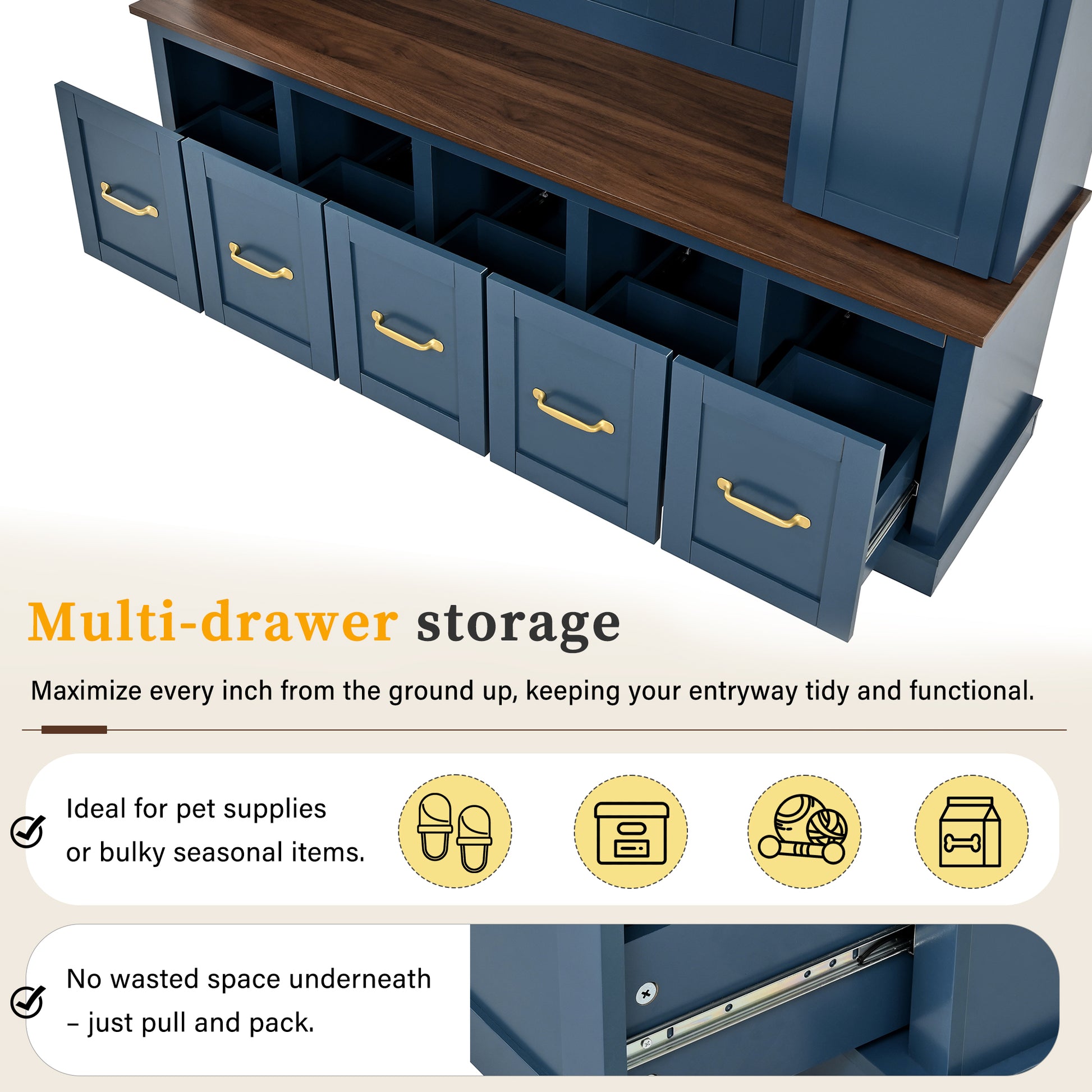 U-Can Entryway Hall Tree with Coat Hooks, Shoe Bench & Drawer Storage Cabinet image 8