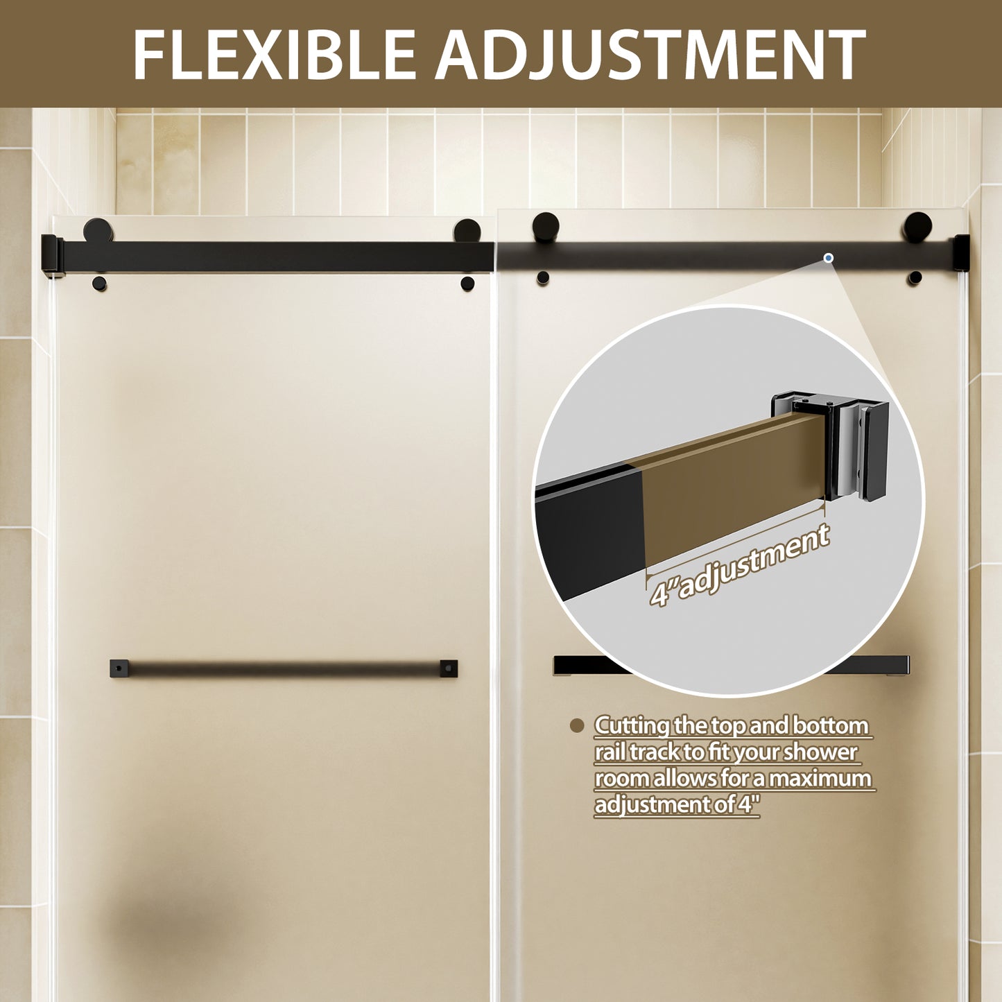 56-60" W x 60" H Frameless Double Sliding Shower Door, Premium 1/4" (6mm) Thick Frosted Ultra-Clear Nano-Coated Tempered Glass, Stainless Steel, Matte Black image 4