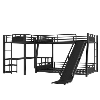 L-Shaped Metal Bunk Bed (Top bed:Full/FullXL, bottom bed: Queen) with Twin XL Loft Bed, Desk, and Storage Shelves,USB Charging Port Included - Metal Triple Bunk Bed with Slide,Black image 11