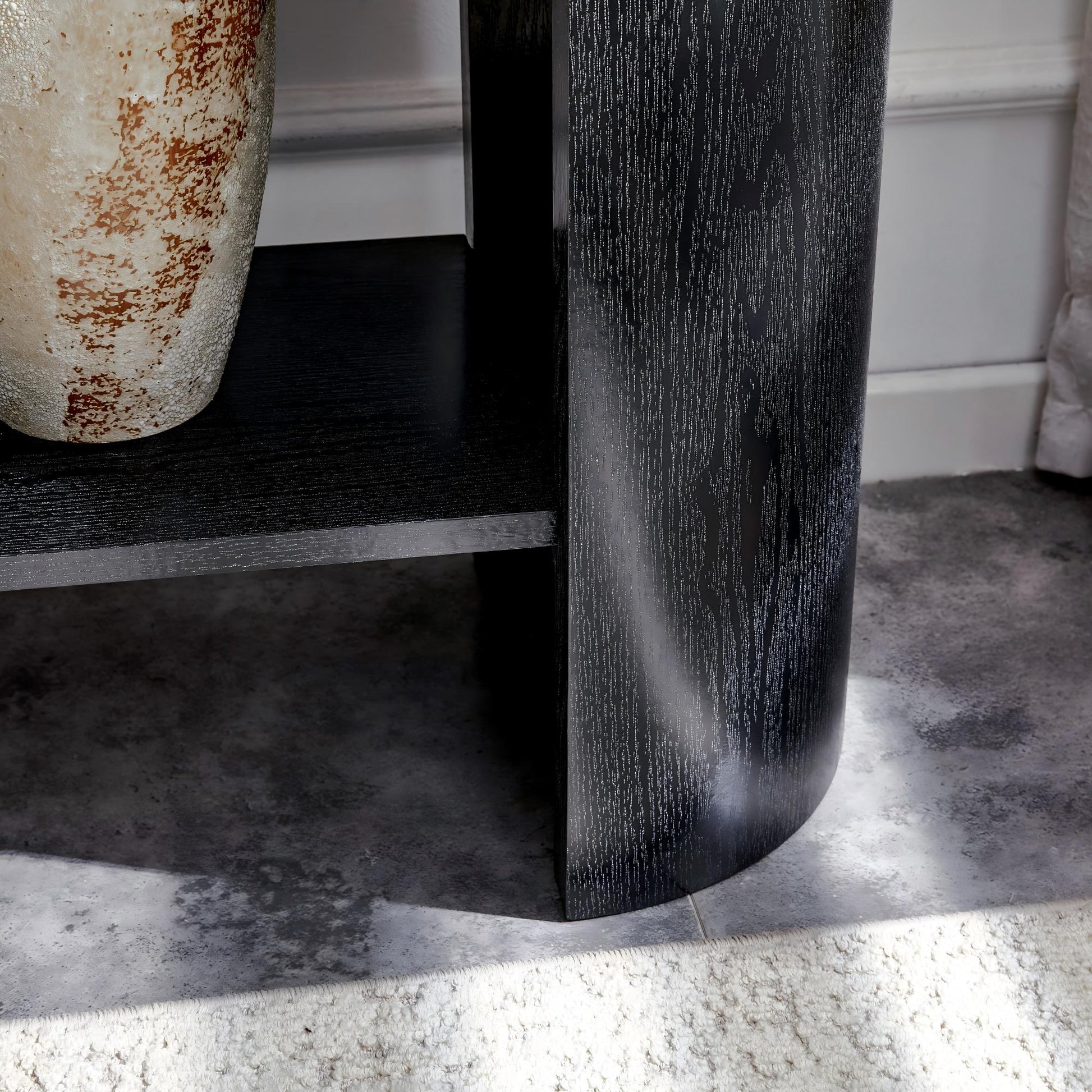Double-layer Black curved foyer table - Black wood grain minimalist entrance small space living room sofa side table image 10