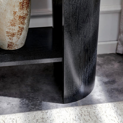 Double-layer Black curved foyer table - Black wood grain minimalist entrance small space living room sofa side table image 10
