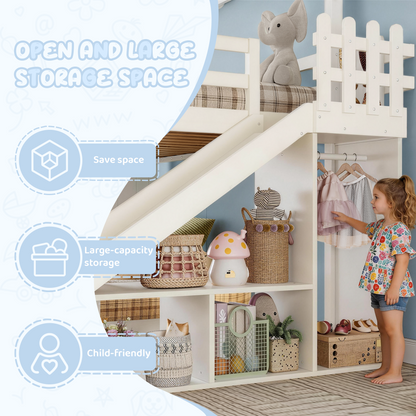 Twin over Full House Bunk Bed with Ladders and Slides, House Floor Bunk Bed with Storage Shelves and Wardrobe, Playhouse Design,Beige image 9