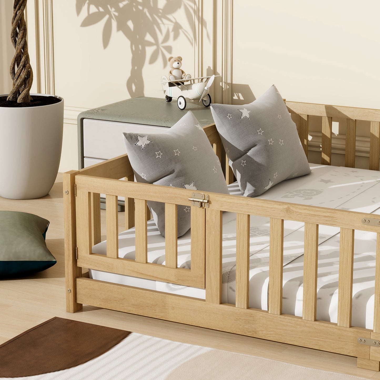 Queen Size Floor Bed with Fence,Door,Rubber Wood Floor Bed with Safety Guardrails,Natural (Old Sku W504P286389) image 5