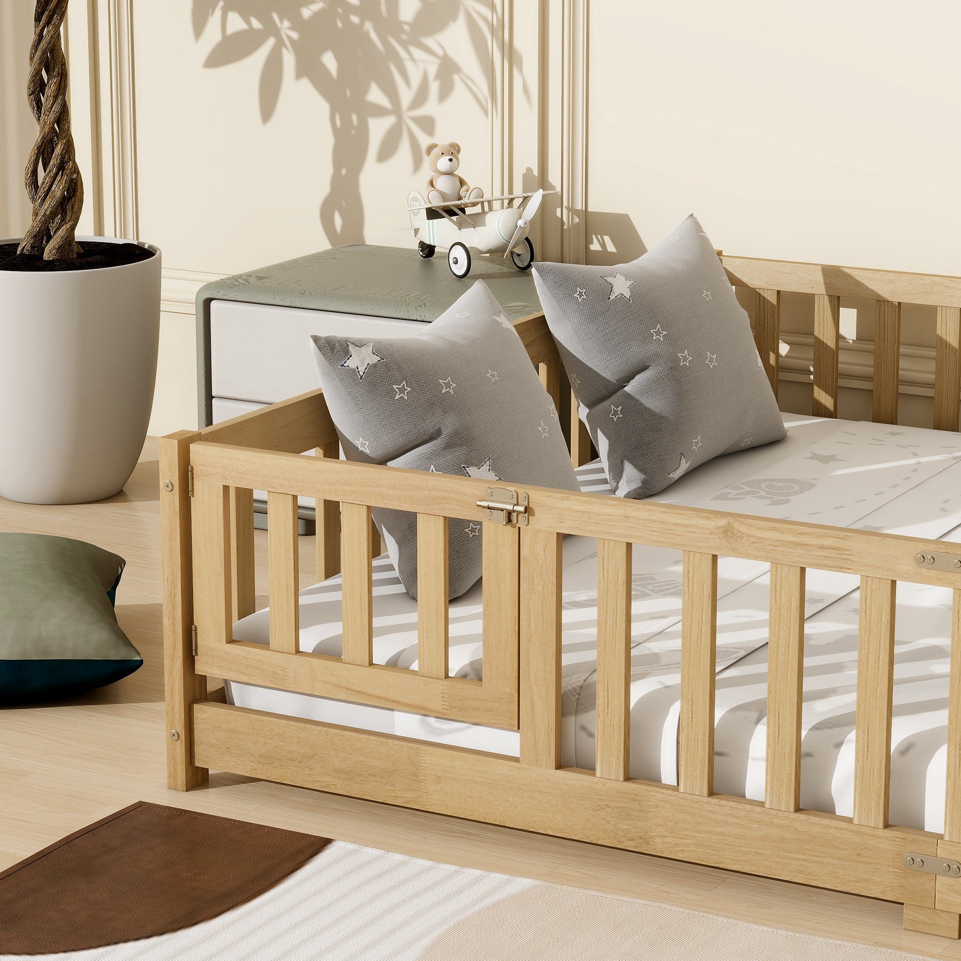 Queen Size Floor Bed with Fence,Door,Rubber Wood Floor Bed with Safety Guardrails,Natural (Old Sku W504P286389) image 5
