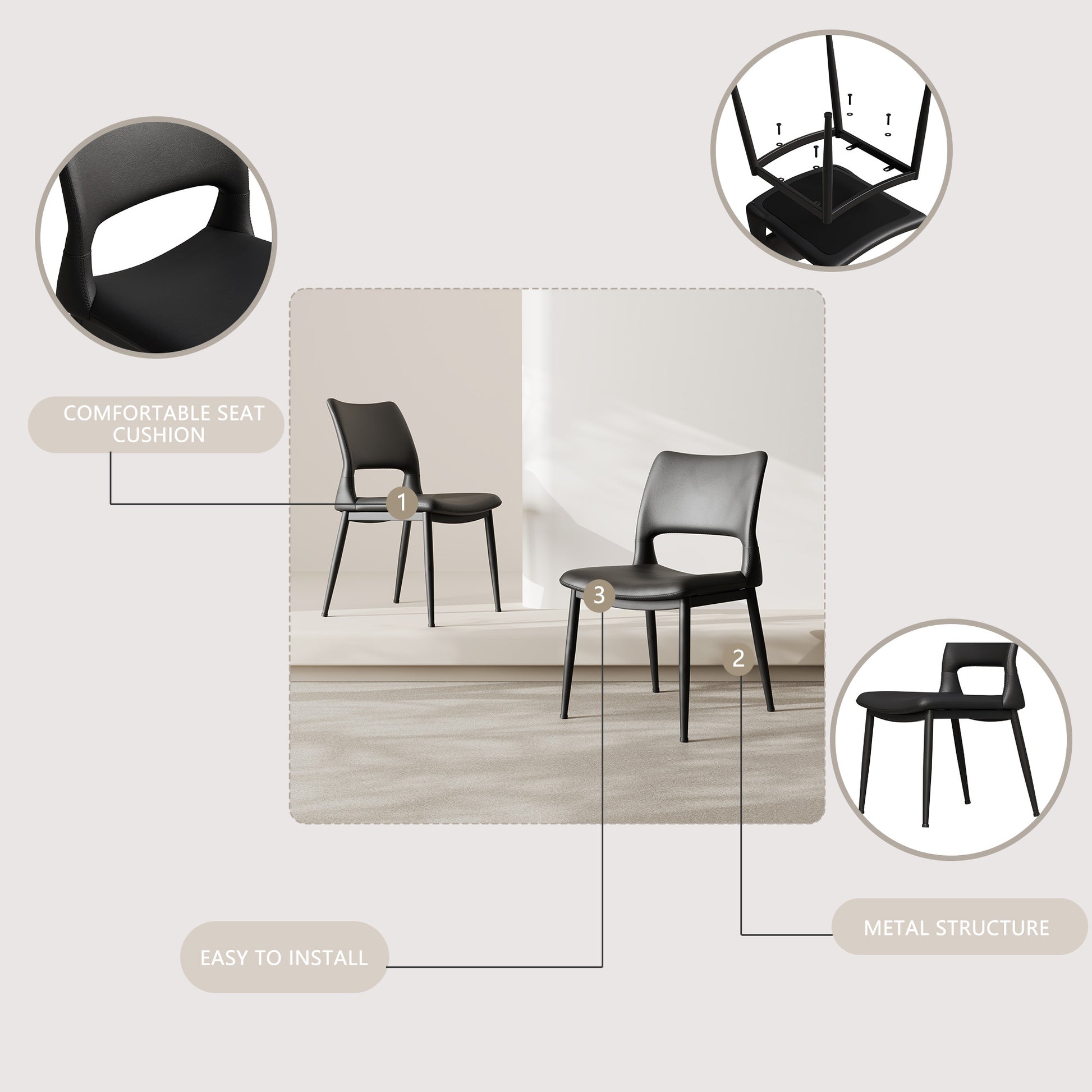 Modern minimalist black PU leather Dining Chairs Set of 2, comfortable backrest design, metal leg support, suitable for restaurants, kitchens, and offices. image 7