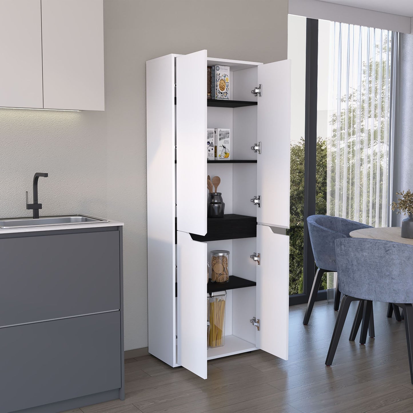 67"H Kitchen Storage Cabinet, with Four Doors and Five Interior Shelves,White/Black image 3