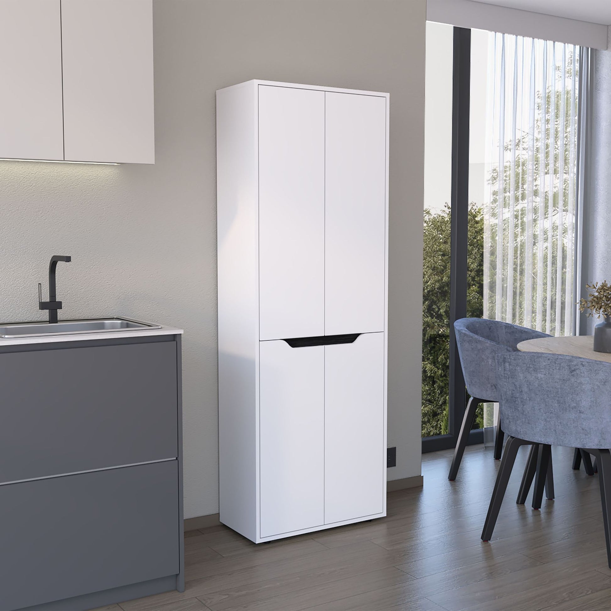67"H Kitchen Storage Cabinet, with Four Doors and Five Interior Shelves,White/Black image 1