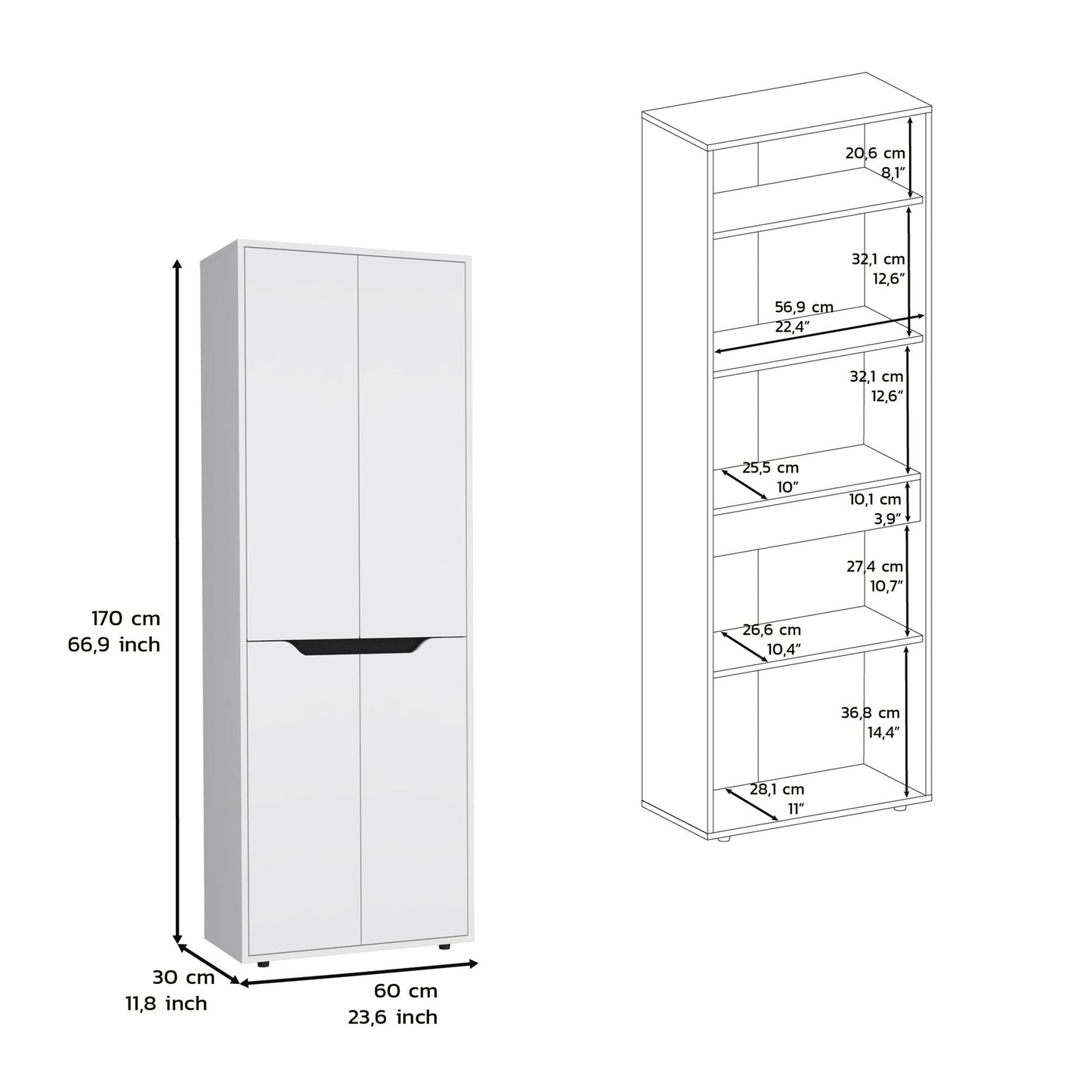 67"H Kitchen Storage Cabinet, with Four Doors and Five Interior Shelves,White/Black image 7