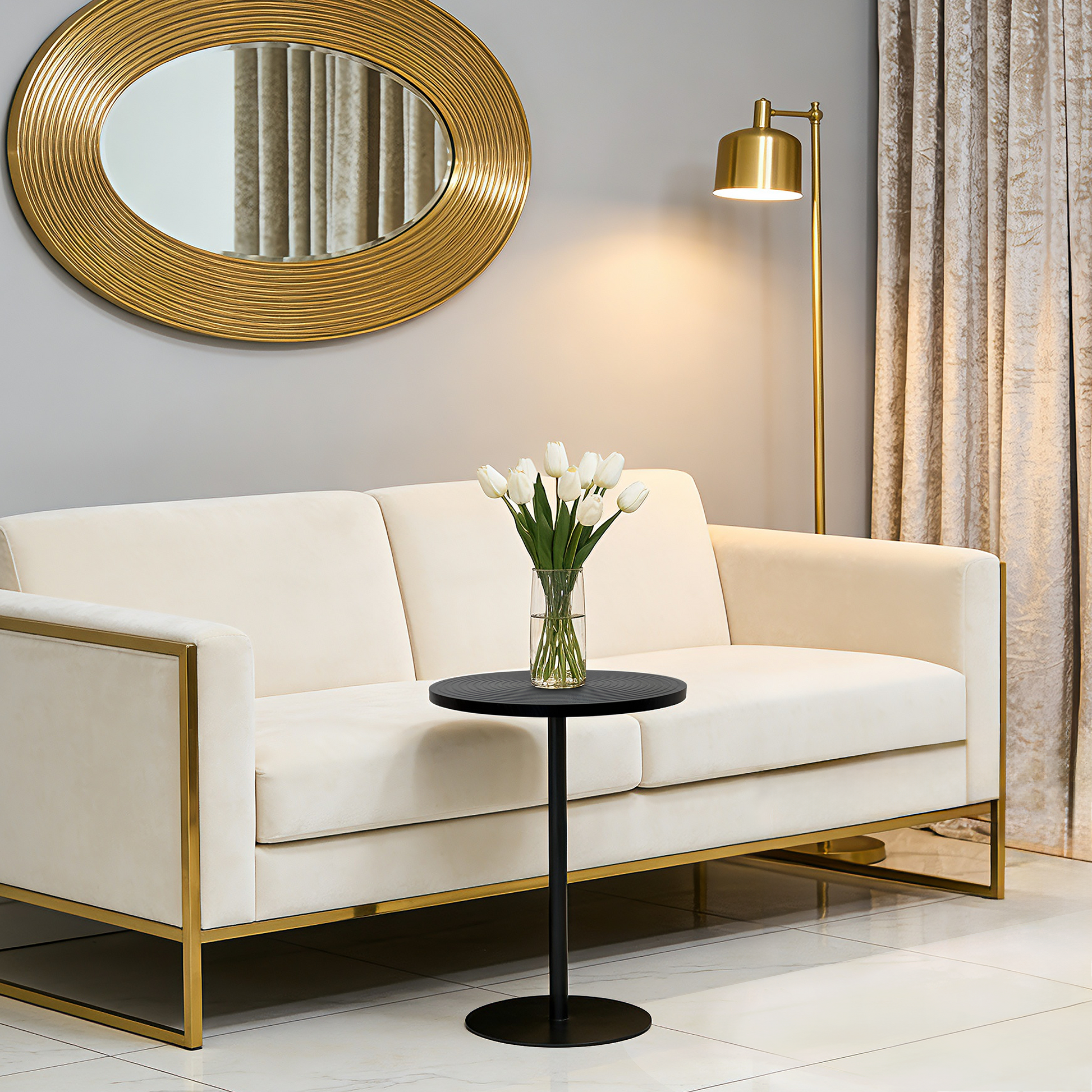 Set of 2 Small Round Side Table Wooden Concentric Circles Coffee Table for Two Metal Pedestal Nightstand for Corner Small Space (Walnut Brown & Black) image 8