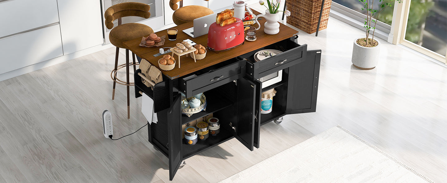 K&K 53.5''Farmhouse Kitchen Island with Power Outlet, Kitchen Storage Island with Drop Leaf, Spice Rack and Drawer, Rolling Kitchen Cart on Wheels, for Home, Kitchen and Dining Room, Black image 3