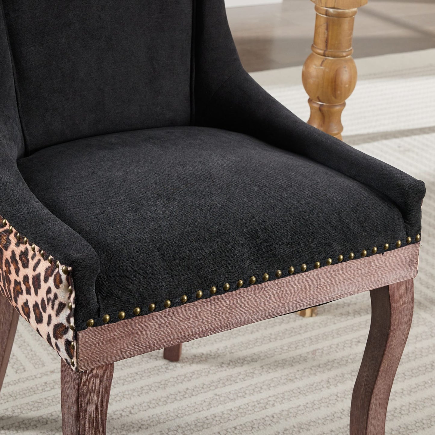 A&A Furniture,Ultra Side Dining Chair, Thickened fabric chairs with neutrally toned solid wood legs, Bronze nail head, Set of 2,Leopard Print image 11