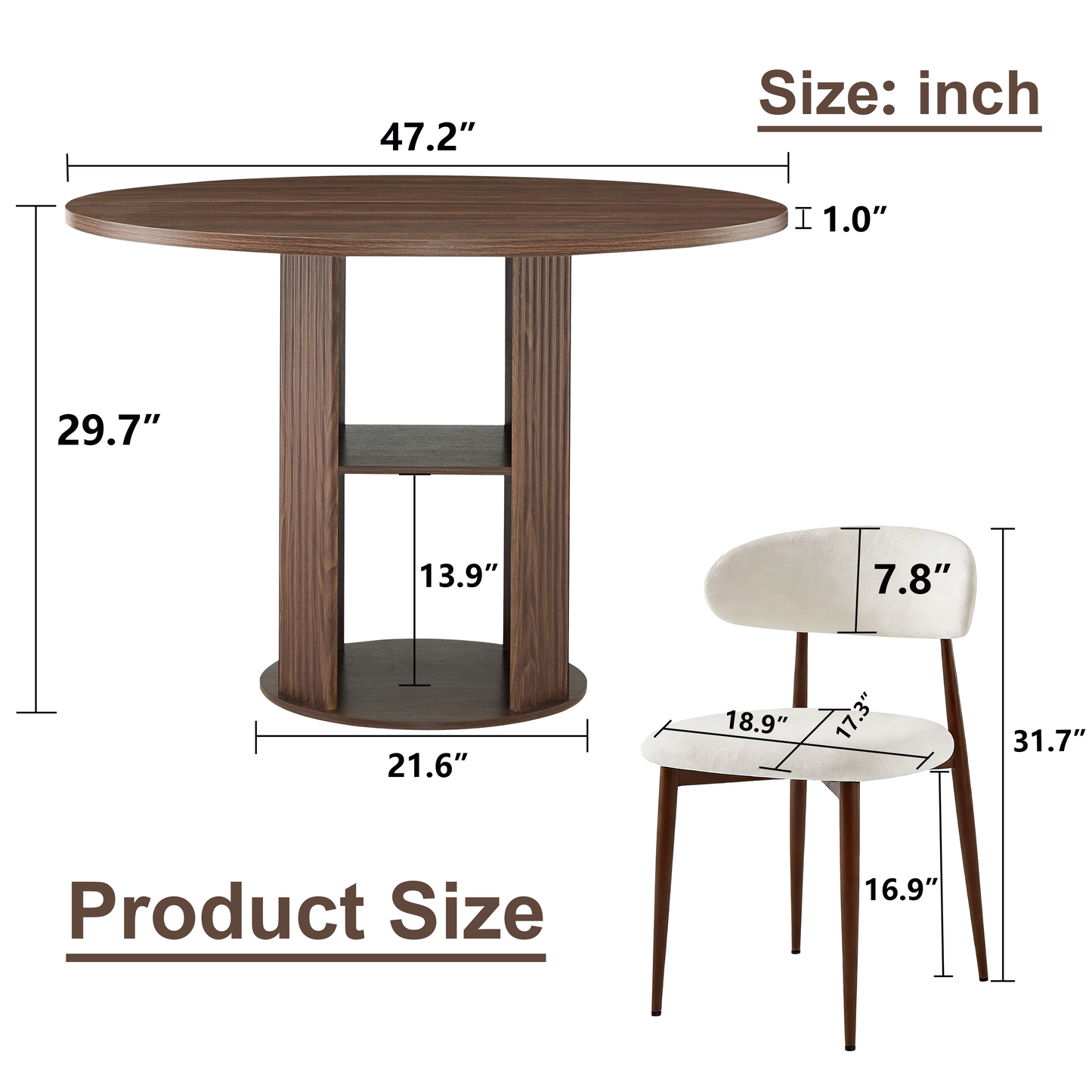47.24" Round Dining Table (Serves 2–4) with Two Dining Chairs Blends modern and farmhouse styles, featuring a double-tiered storage shelf, suitable for dining rooms or living spaces.Walnut image 7