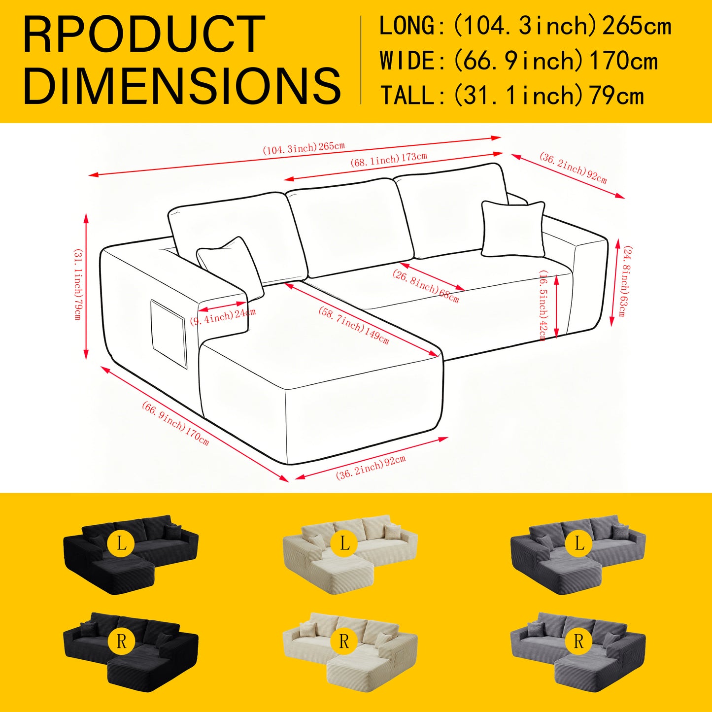 104" Cloud Sectional Sofa with L-Shape Chaise and Side Pockets, Modern Modular Design, Deep Seating, Upholstered Couch for Living Room/Bedroom, No Assembly Required (Plush Fabric), Grey, Left-facing image 5