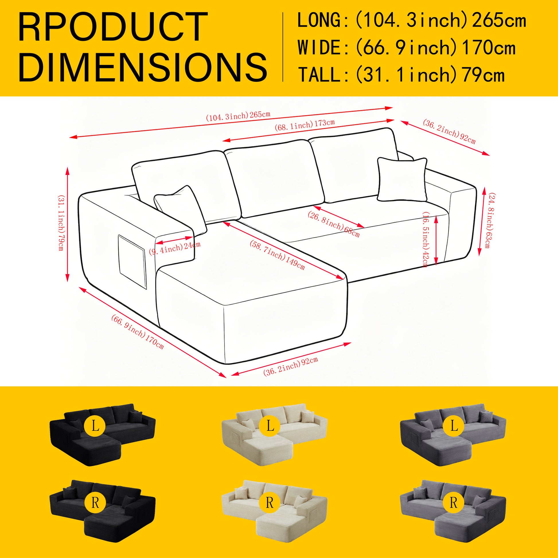 104" Cloud Sectional Sofa with L-Shape Chaise and Side Pockets, Modern Modular Design, Deep Seating, Upholstered Couch for Living Room/Bedroom, No Assembly Required (Plush Fabric), Grey, Left-facing image 5