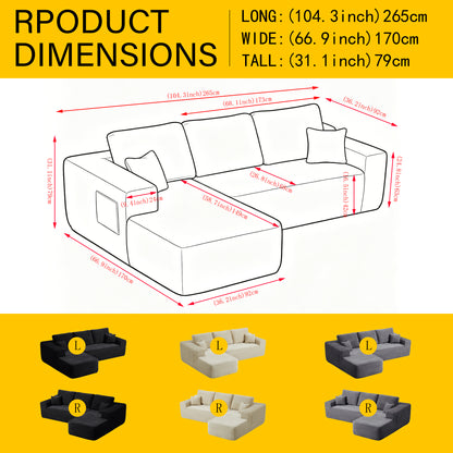104" Cloud Sectional Sofa with L-Shape Chaise and Side Pockets, Modern Modular Design, Deep Seating, Upholstered Couch for Living Room/Bedroom, No Assembly Required (Plush Fabric), Grey, Left-facing image 5