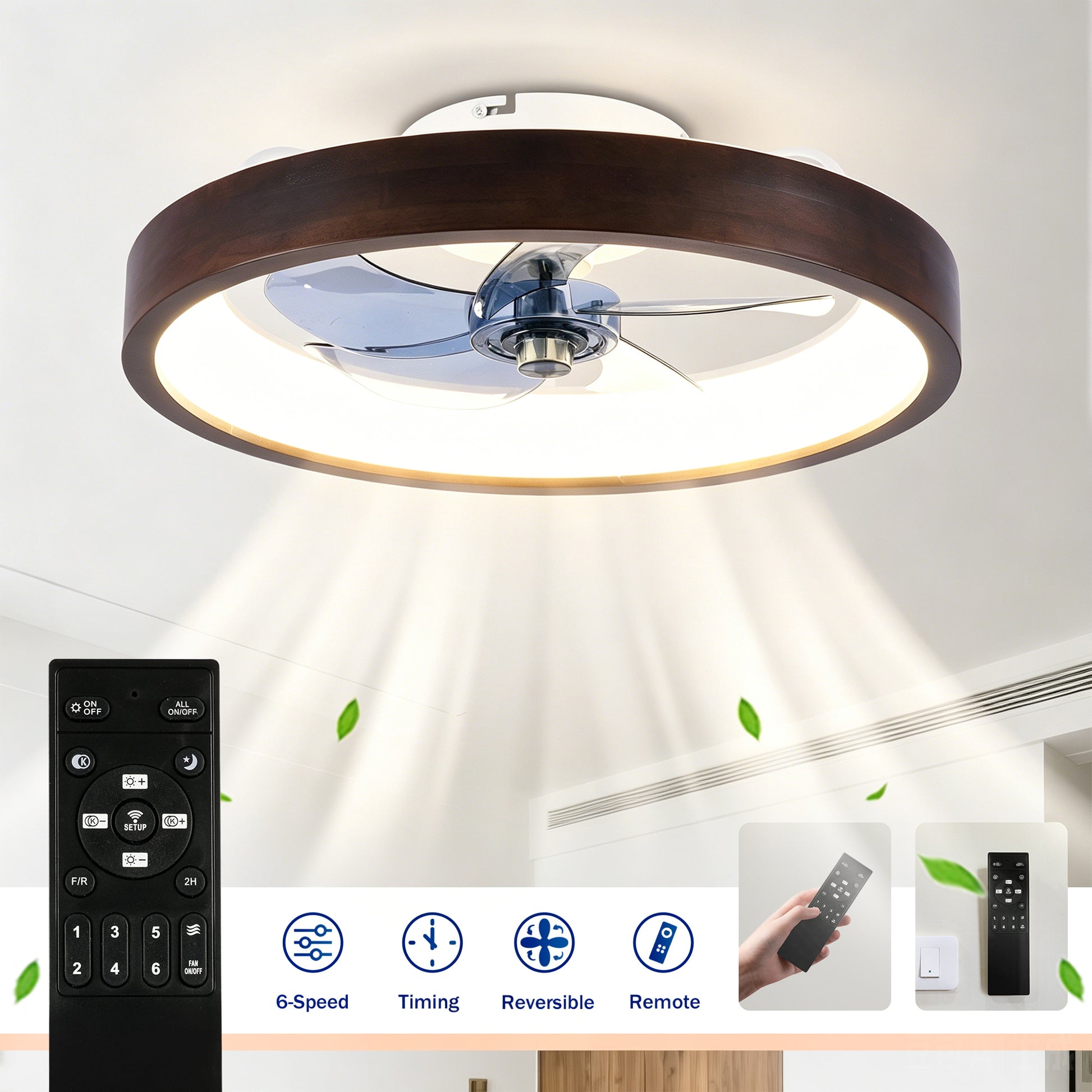 20" Modern Flush Mount Ceiling Fans with Lights Kit (LED), 3000-6500K Dimmable LED Fan Light, 6 Speeds, Quiet DC Motor For Living room, Bedroom,Kitchen----Wood+White image 11