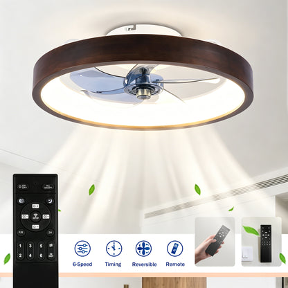20" Modern Flush Mount Ceiling Fans with Lights Kit (LED), 3000-6500K Dimmable LED Fan Light, 6 Speeds, Quiet DC Motor For Living room, Bedroom,Kitchen----Wood+White image 11