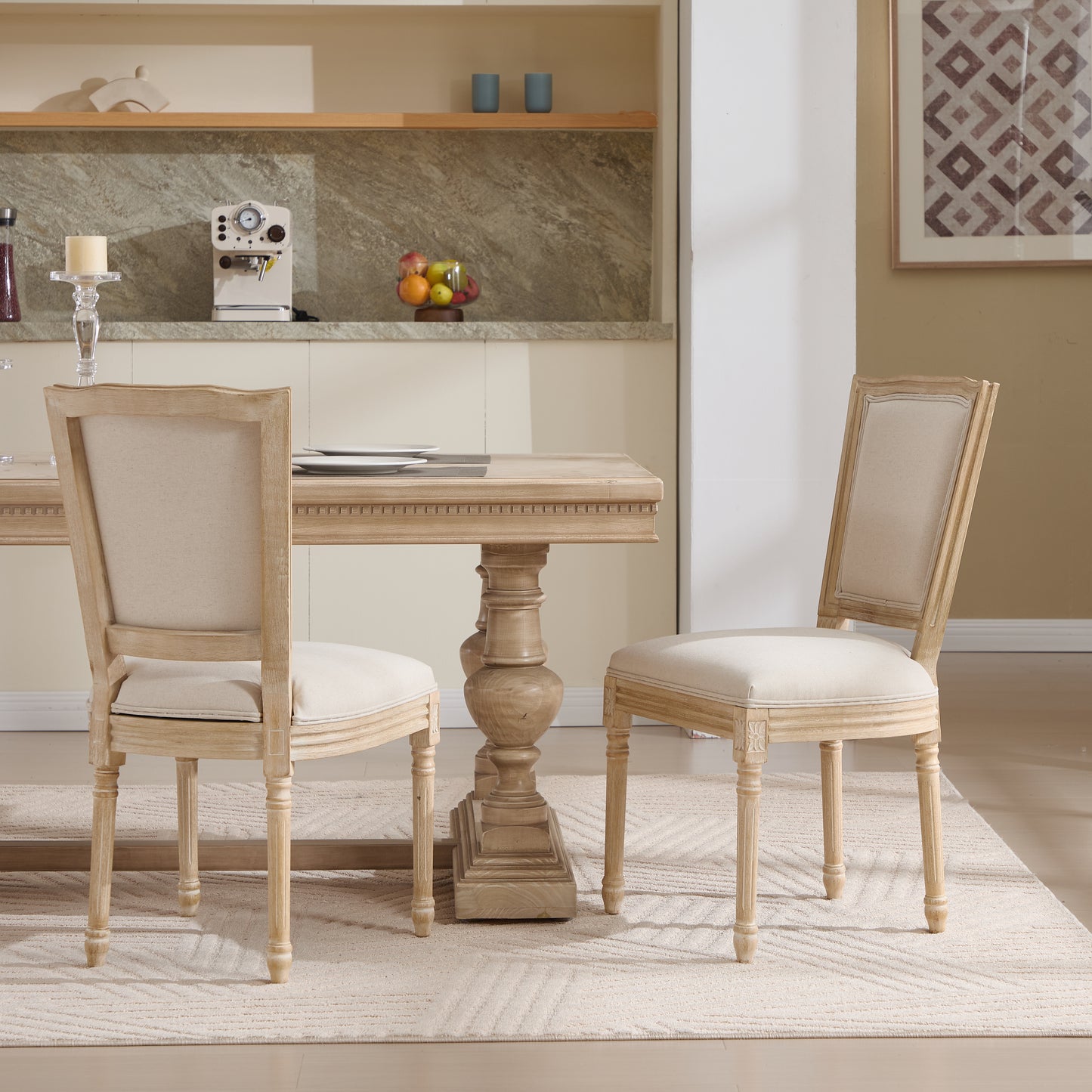 French Country Dining Chairs Set of 2, Upholstered Chairs with T-shaped Back, Wire drawing and carving techniques,Disassemblable, for Living Room, Kitchen, Restaurant Use, Beige image 2