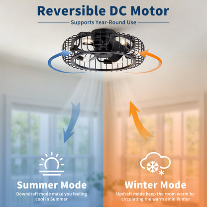 20" Black Industrial Flush Mount Ceiling Fan with Lights, Low Profile Fandelier with E12 Sockets, Reversible DC Motor, 6 Speeds, Quiet Ceiling Fan for Bedroom Kitchen Dining Room Farmhouse image 8